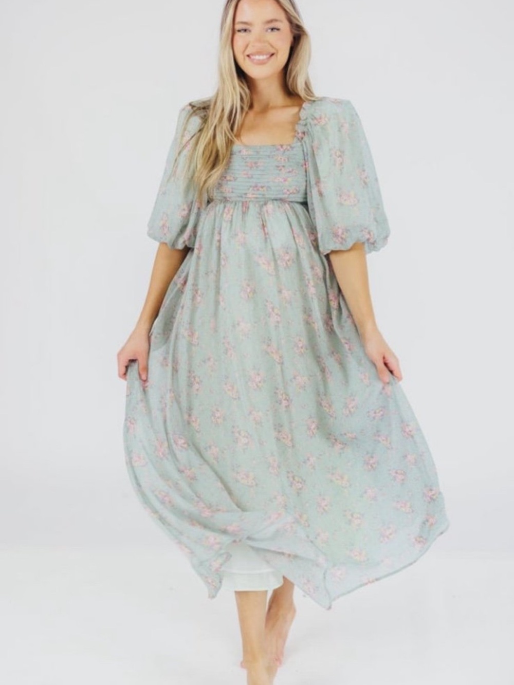 LARGE WORTH COLLECTIVE Melody Maxi Dress with Pleats and Bow Detail in GREEN